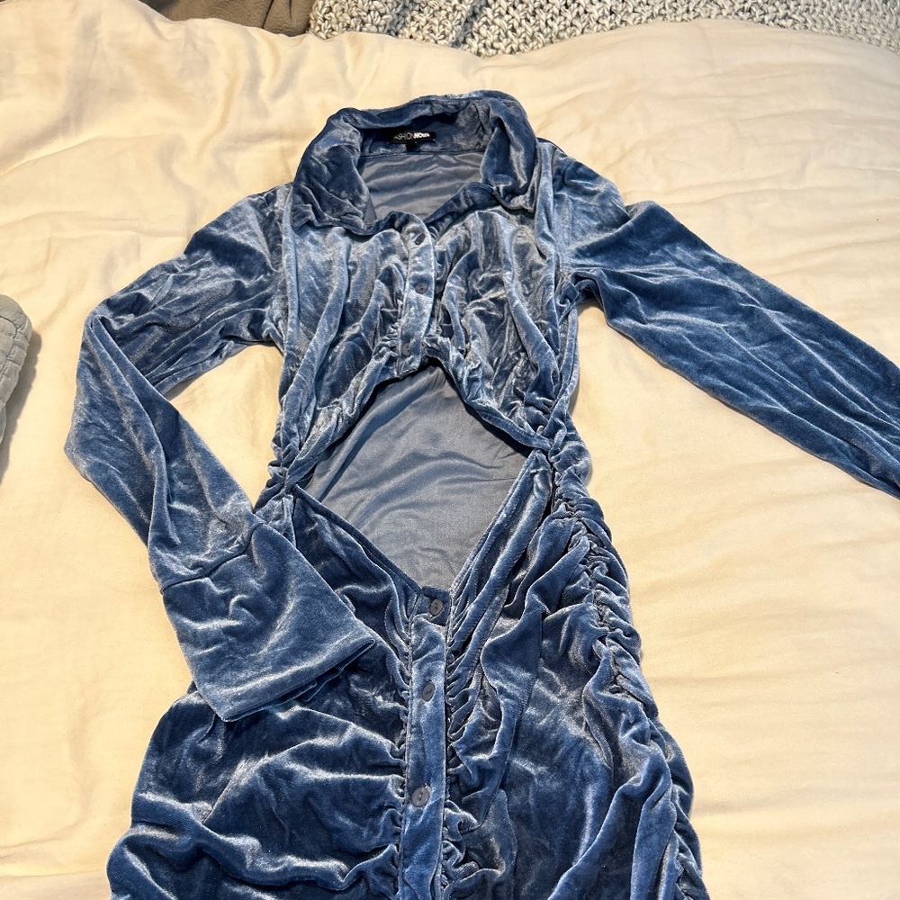 Blue velvet button down dress